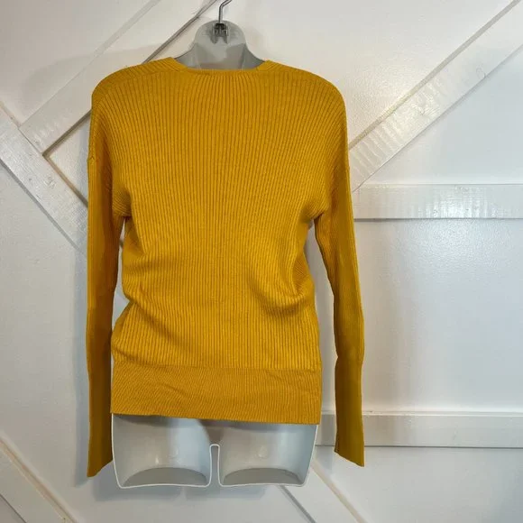 Nordstrom Elodie Mustard Yellow Ribbed Faux Wrap Sweater Small - Picture 4 of 10